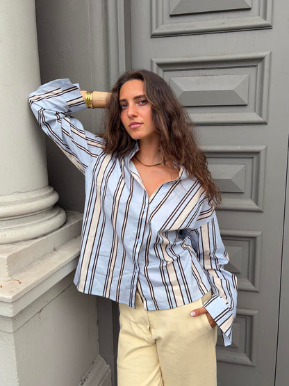 Miki striped shirt with open back - Light blue/beige